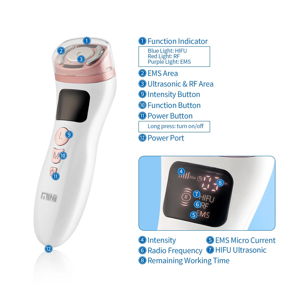 Mini HIFU Facial Lifting Device — RF, EMS & Ultrasonic Skin Tightening for Face, Chin, Neck & Eyes