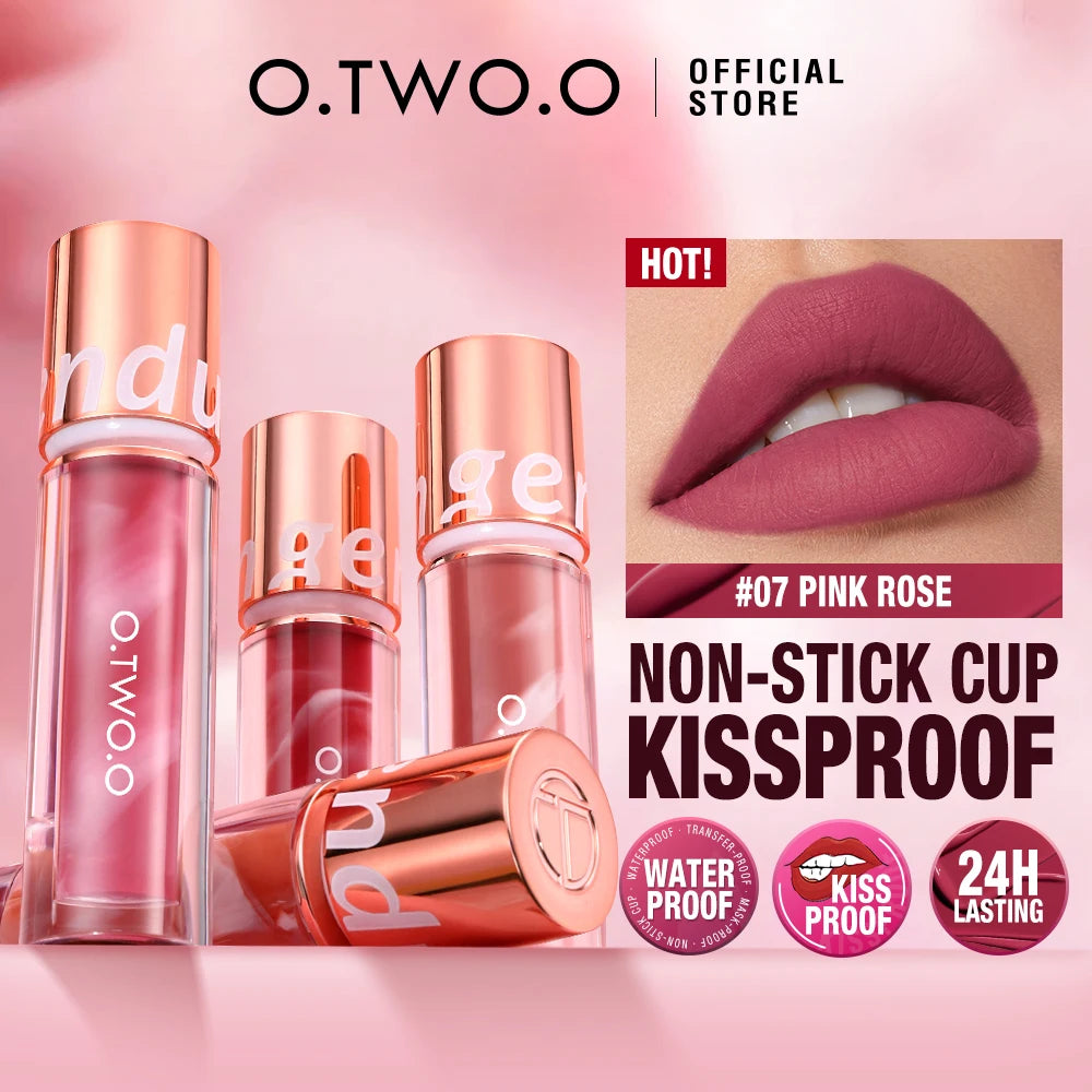 O.TWO.O Liquid Lipstick — 24H Waterproof Velvet Matte in 8 Named Shades