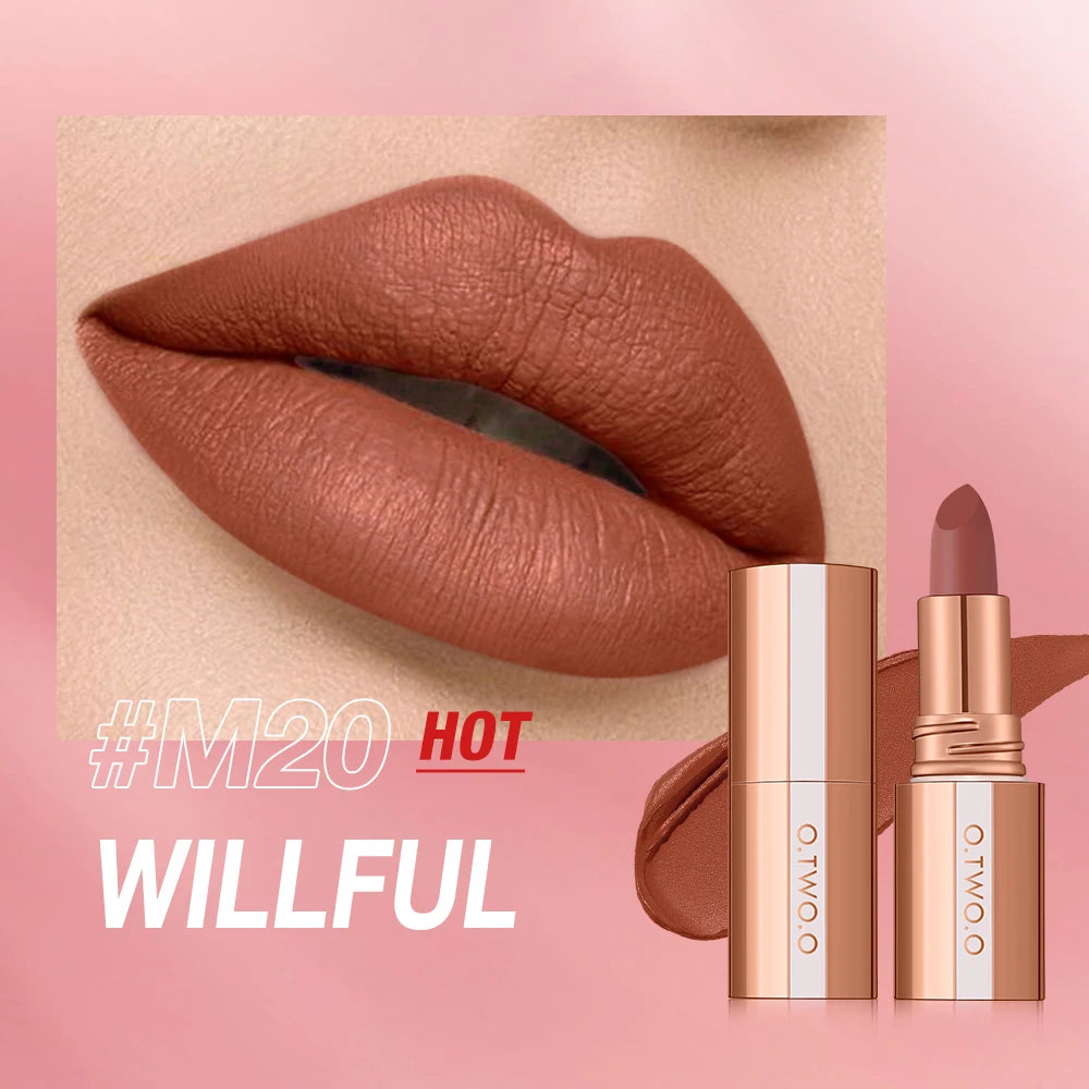 O.TWO.O Matte Lipstick — 24H Waterproof, Non-Stick & Velvet Finish in 8 Shades