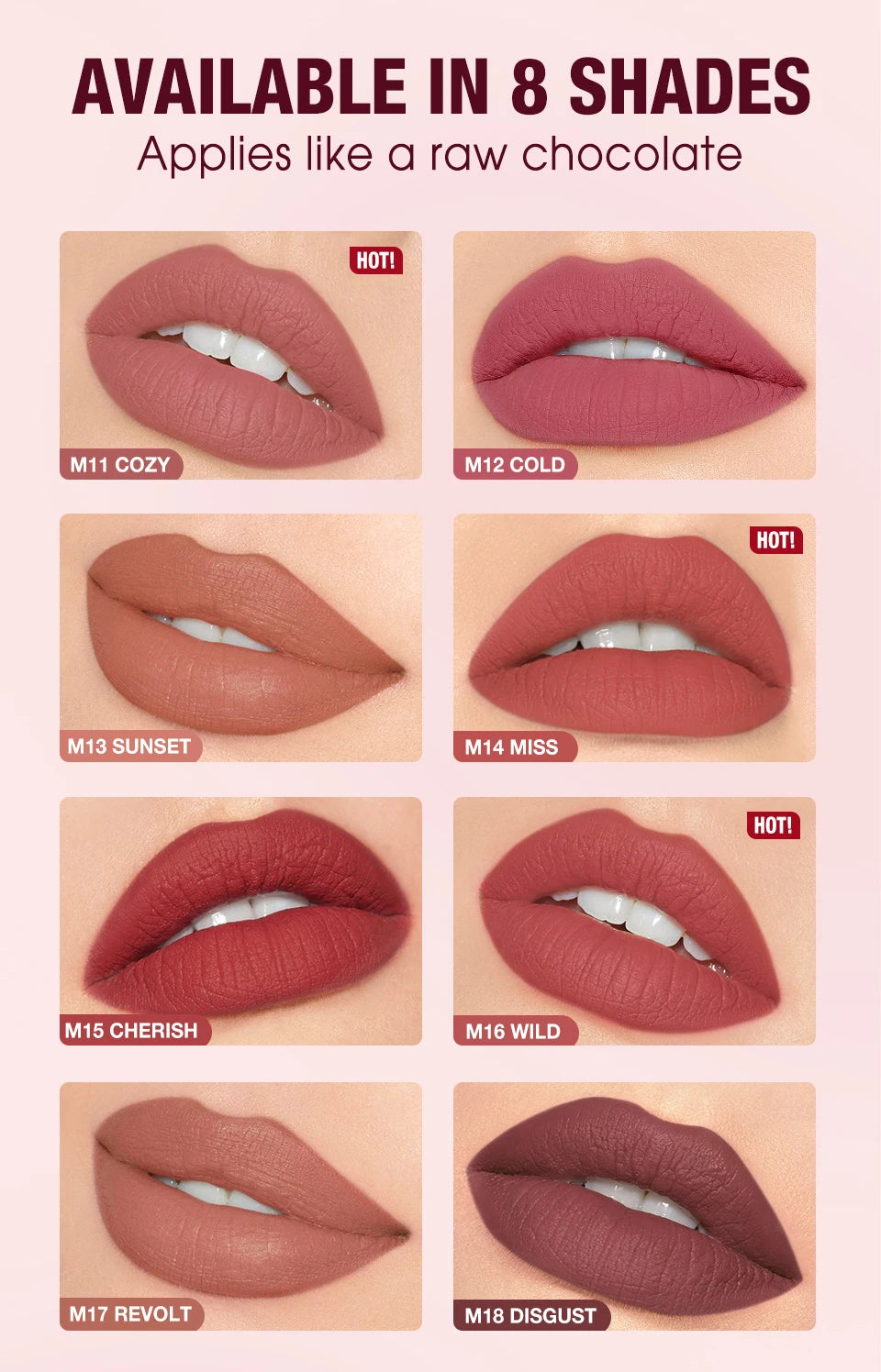 O.TWO.O Matte Lipstick — 24H Waterproof, Non-Stick & Velvet Finish in 8 Shades