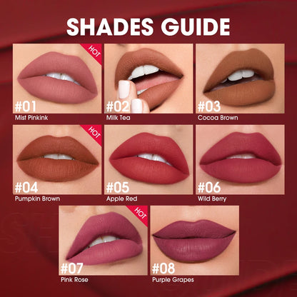 O.TWO.O Liquid Lipstick — 24H Waterproof Velvet Matte in 8 Named Shades