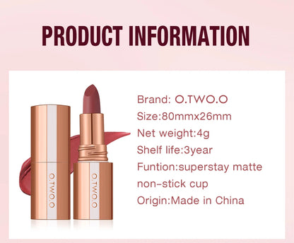 O.TWO.O Matte Lipstick — 24H Waterproof, Non-Stick & Velvet Finish in 8 Shades