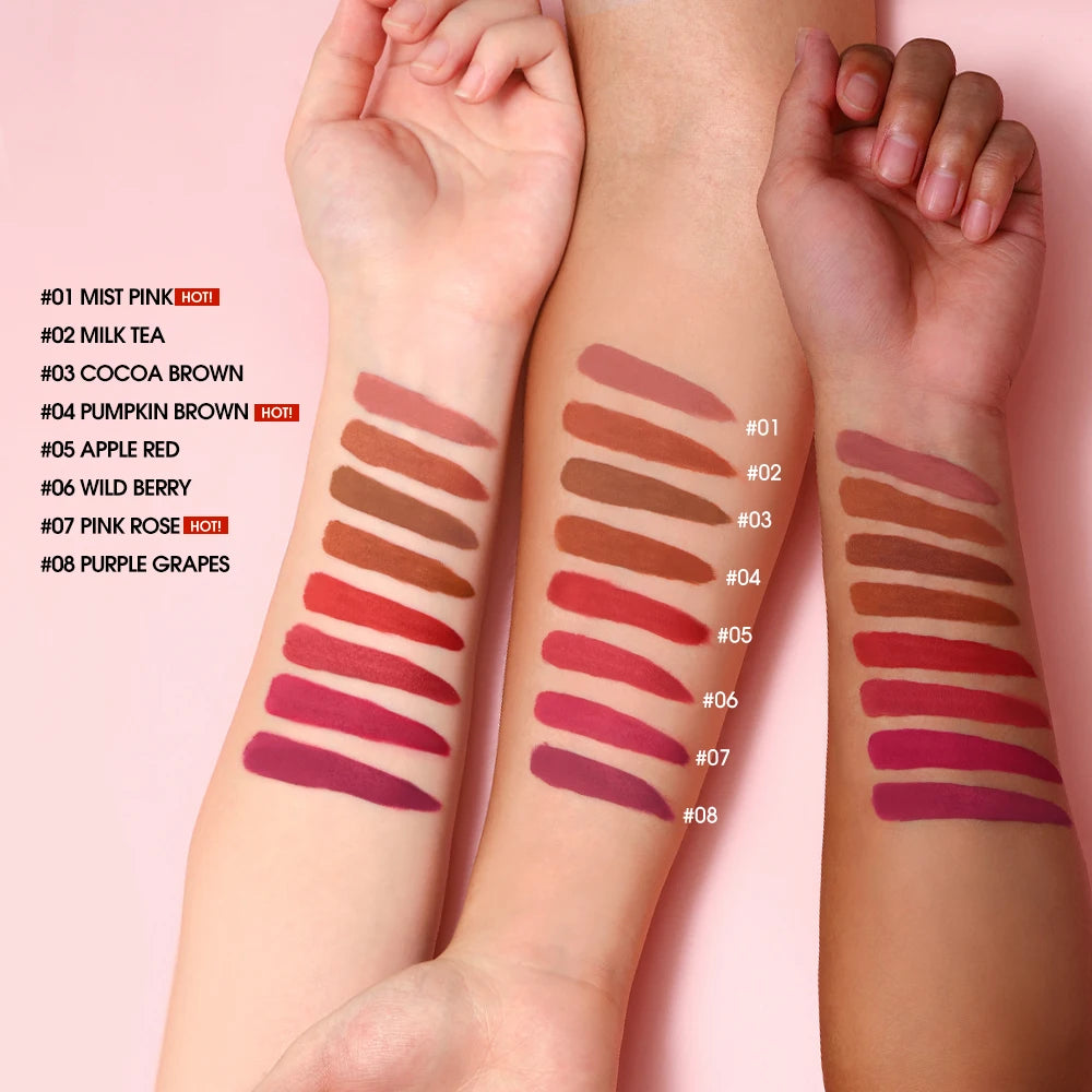 O.TWO.O Liquid Lipstick — 24H Waterproof Velvet Matte in 8 Named Shades