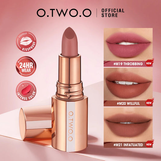O.TWO.O Matte Lipstick — 24H Waterproof, Non-Stick & Velvet Finish in 8 Shades