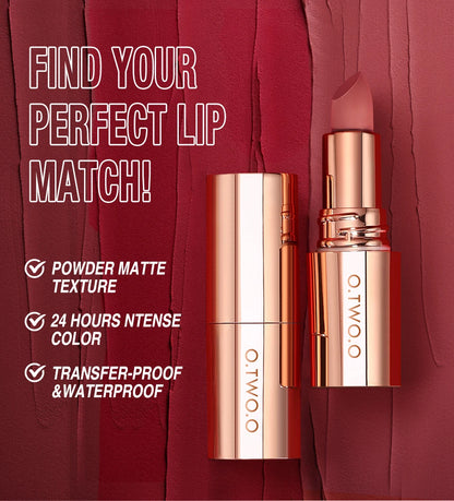 O.TWO.O Matte Lipstick — 24H Waterproof, Non-Stick & Velvet Finish in 8 Shades