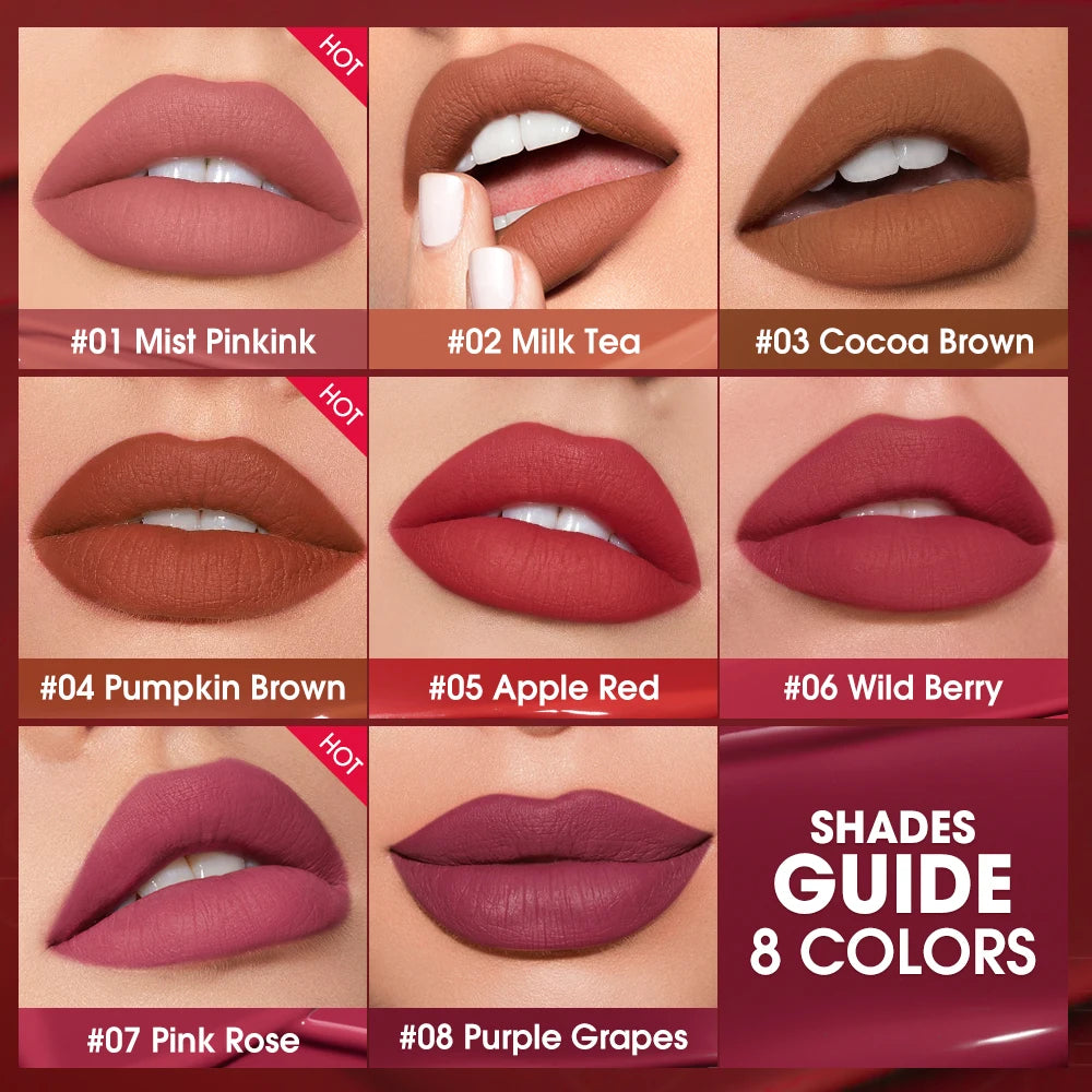 O.TWO.O Liquid Lipstick — 24H Waterproof Velvet Matte in 8 Named Shades