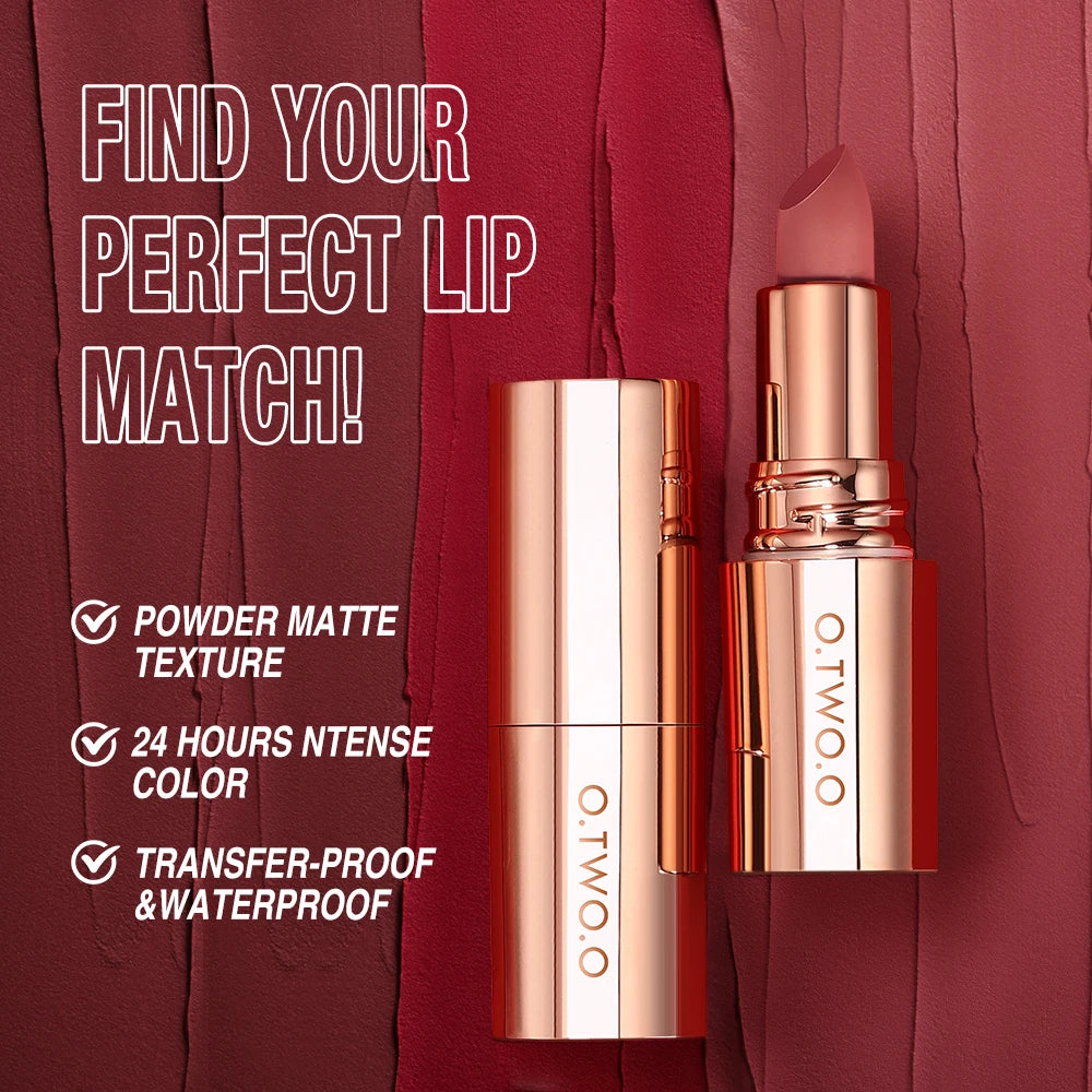 O.TWO.O Matte Lipstick — 24H Waterproof, Non-Stick & Velvet Finish in 8 Shades