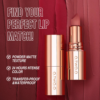 O.TWO.O Matte Lipstick — 24H Waterproof, Non-Stick & Velvet Finish in 8 Shades