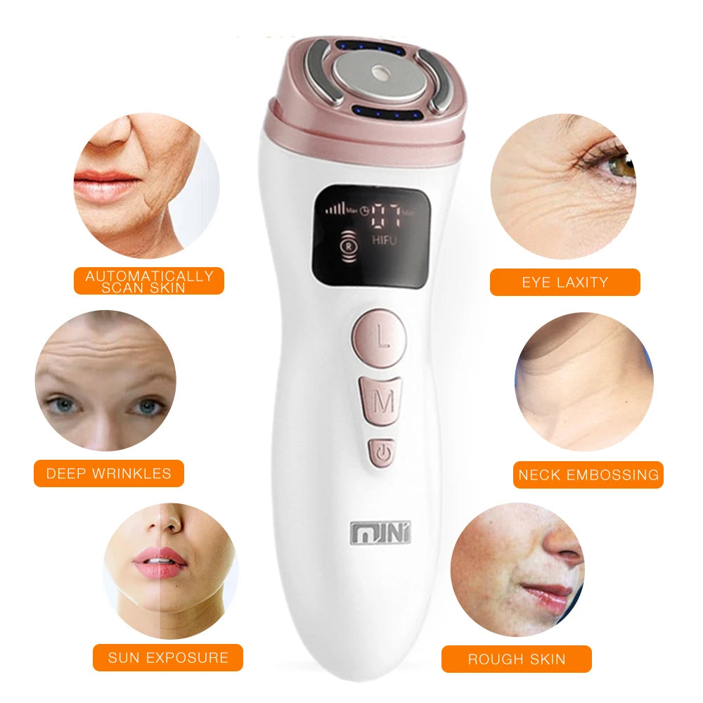 Mini HIFU Facial Lifting Device — RF, EMS & Ultrasonic Skin Tightening for Face, Chin, Neck & Eyes