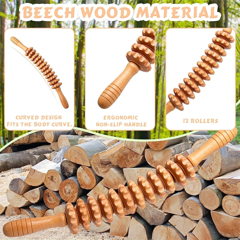 Natural Curved Wooden Massage Roller — Body Contouring, Lymphatic Drainage & Muscle Relief Tool