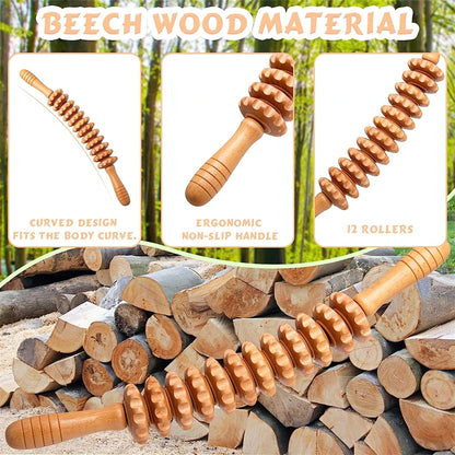 Natural Curved Wooden Massage Roller — Body Contouring, Lymphatic Drainage & Muscle Relief Tool